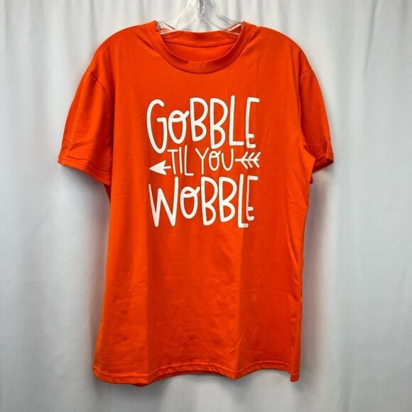 Gobble Till You Wobble Womens Graphic T-Shirt Orange Short Sleeve Crew Neck XL - Picture 4 of 10